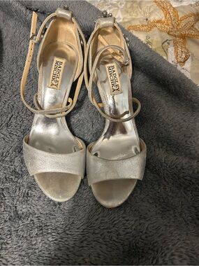 Badgley Mischka Silver Open-Toe Ankle Strap Heels